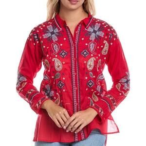 Johnny Was Biya Slim Audrey Embroidered Blouse Red Small